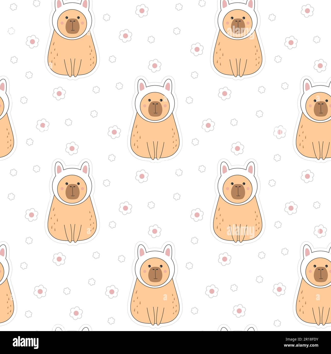 Seamless cute capybara in bunny costume, print for children's clothing and design elements Stock Vector