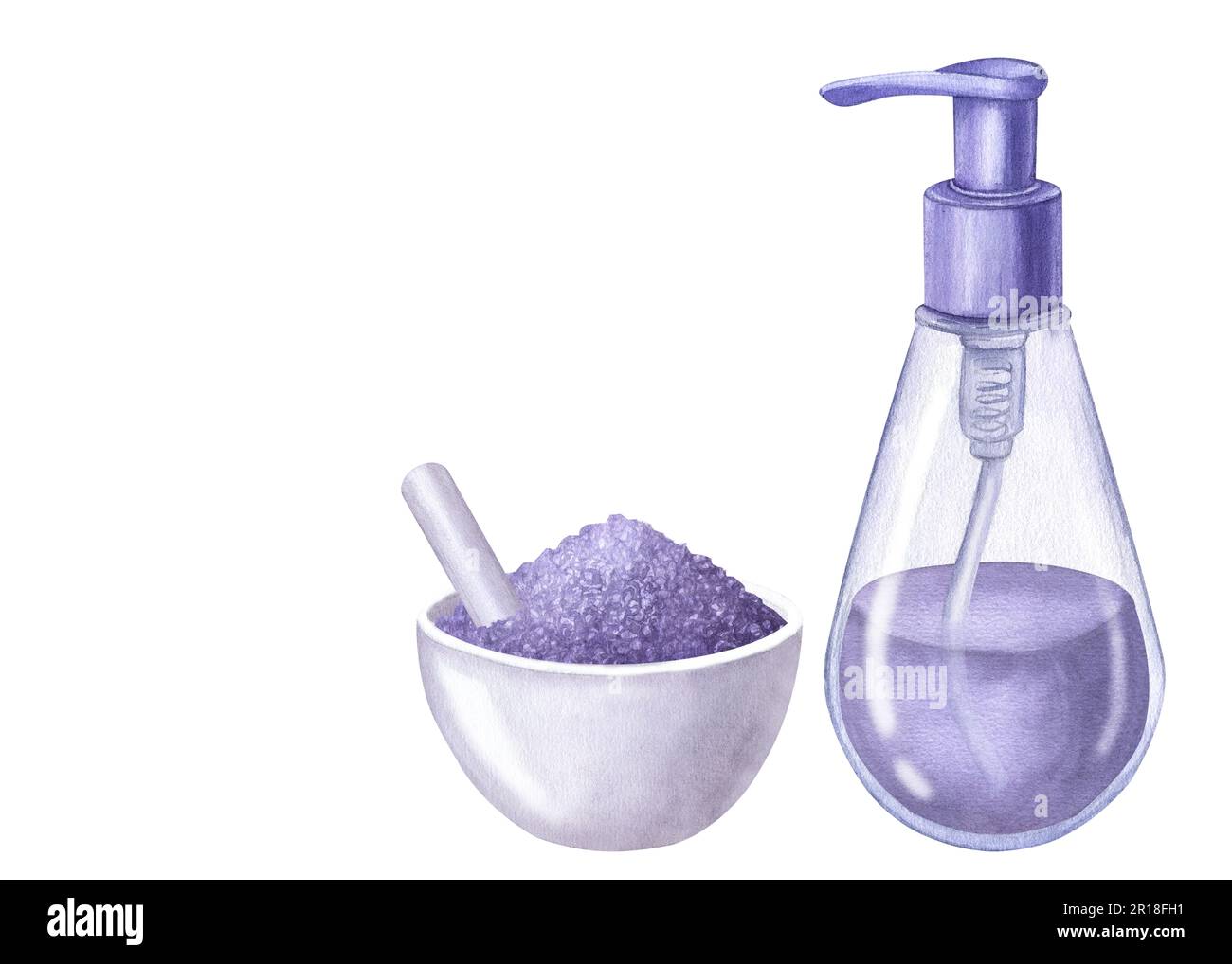 https://c8.alamy.com/comp/2R18FH1/white-mortar-with-lavender-sea-salt-bowl-and-pestle-purple-dispenser-bottle-plastic-glass-cosmetic-hand-draw-watercolor-illustration-isolated-on-wh-2R18FH1.jpg