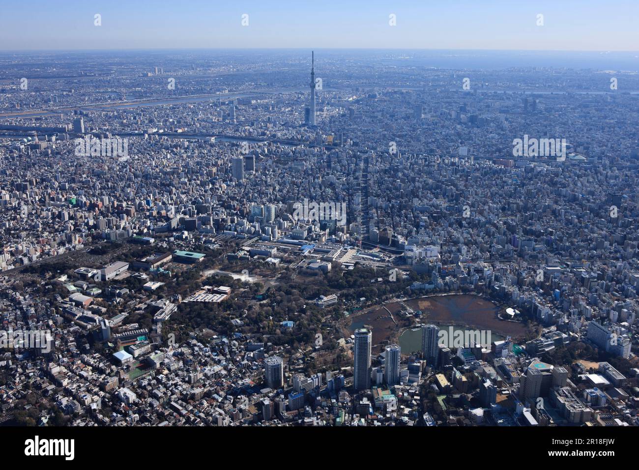 Keisei Ueno Station, Keisei Ueno Station aerial shot from the West towards the sky tree tower direction Stock Photo