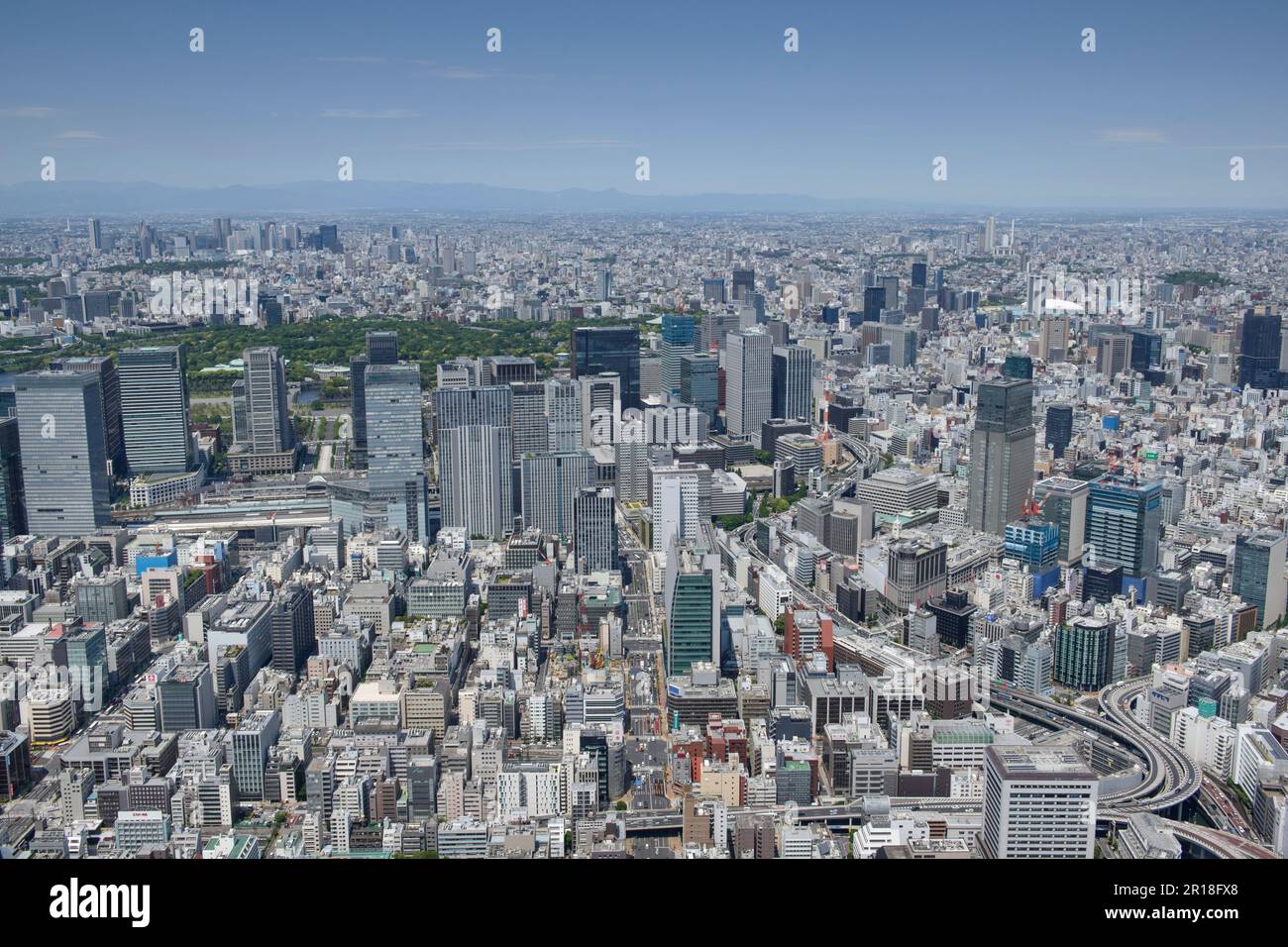 Nihonbashi station aerial shot view from the Southeast side towards Otemachi, Tokyo Imperial Palace Stock Photo