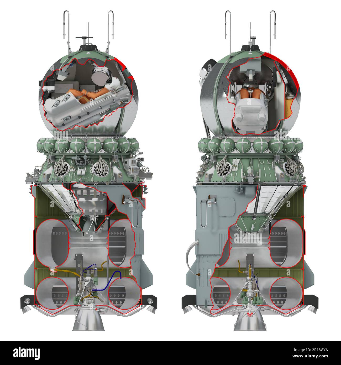 The first spaceship Vostok infographics cutaway isolated on white baskground 3D rendering illustrations Stock Photo
