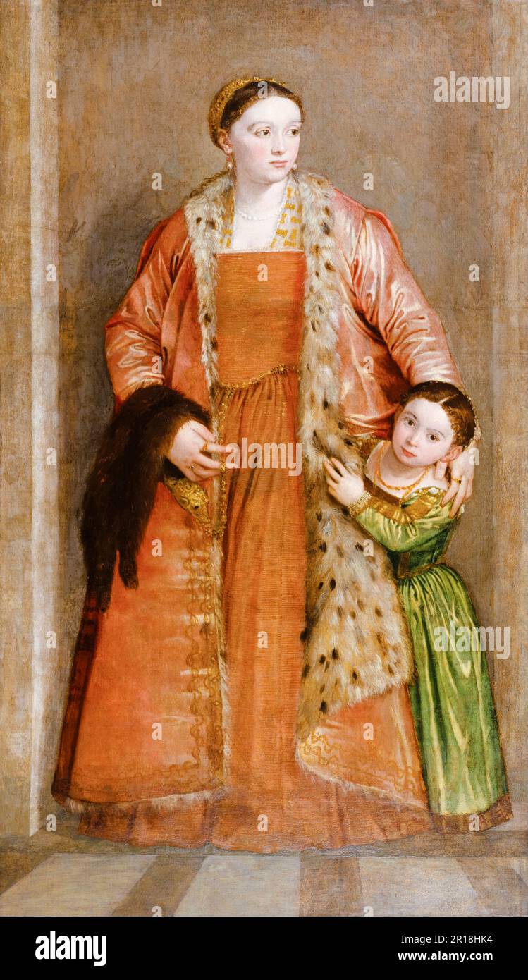 Portrait, of, Countess Livia da Porto Thiene and her daughter Deidamia, painting in oil on canvas by Paolo Veronese, 1552 Stock Photo