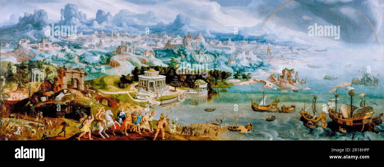 Panorama with the Abduction of Helen amidst the Wonders of the Ancient World, painting in oil on canvas by Maarten van Heemskerck, 1535 Stock Photo