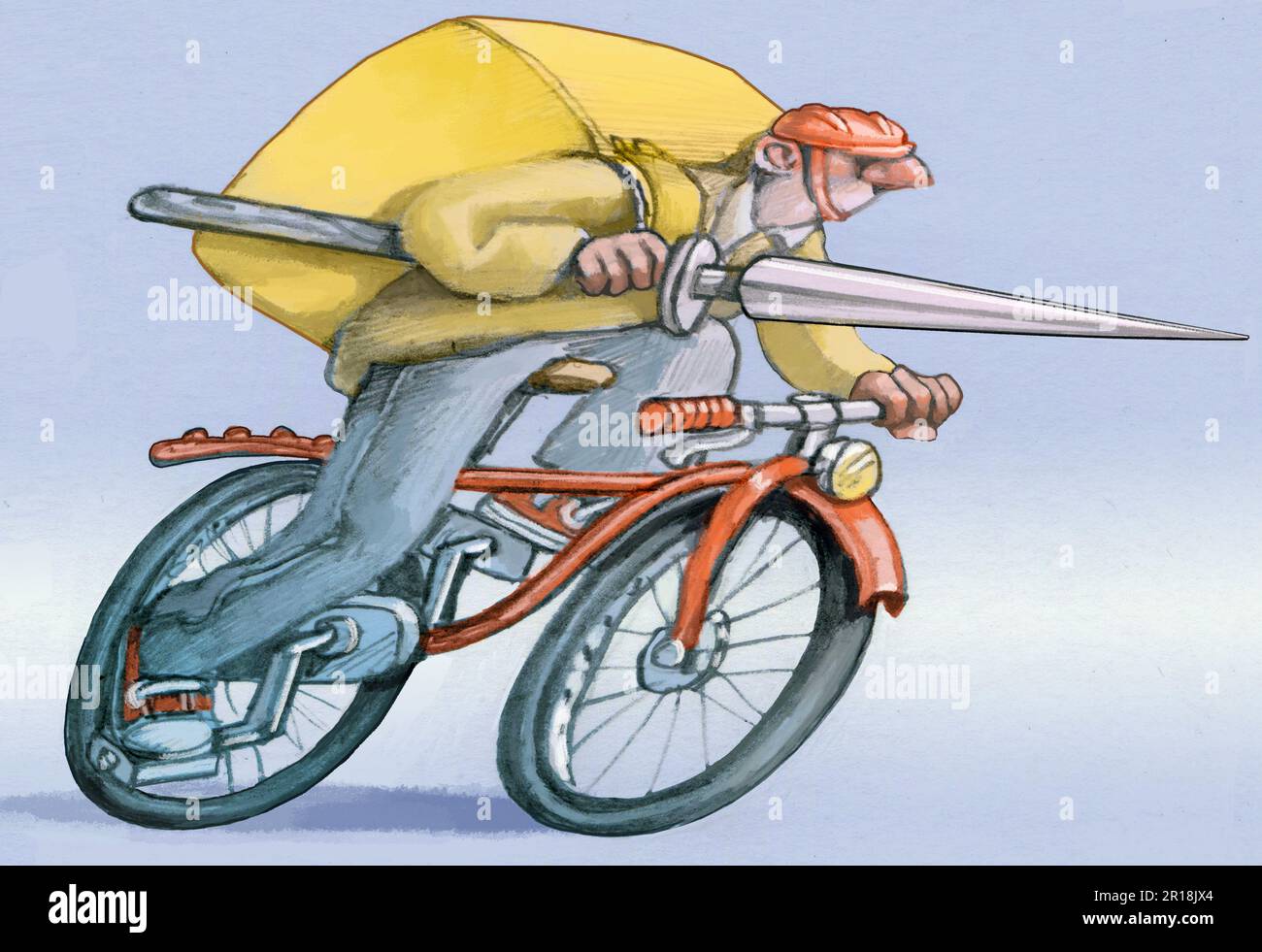 portrait of a rider with a spear rushes into the race concept of underpaid and dangerous work, cartoon draw Stock Photo