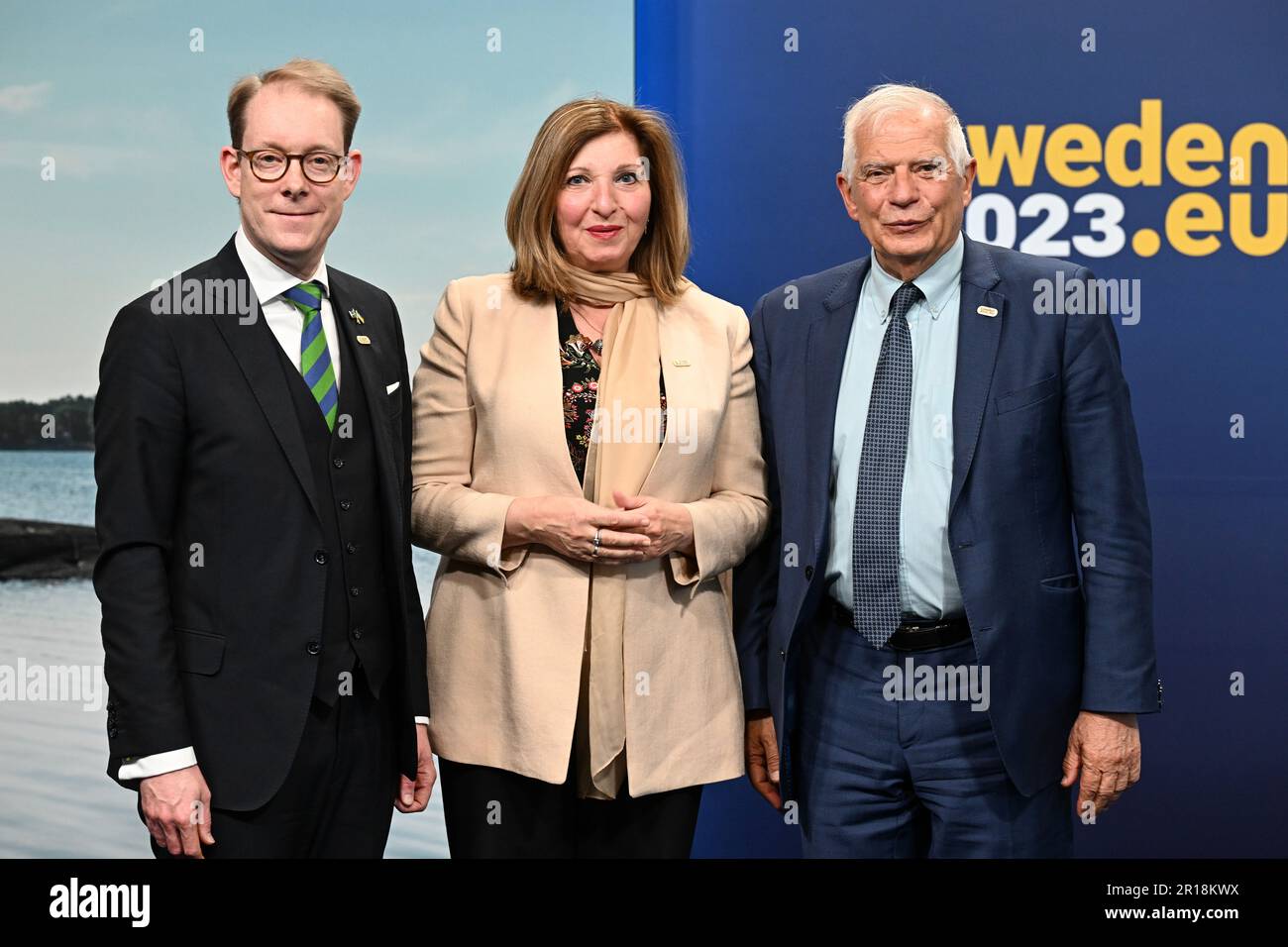Stockholm, Sweden. 12th May, 2023. STOCKHOLM 20230512 Josep Borrell Fontelles, High Representative of the Union for Foreign Affairs and Security Policy, Vice-President of the Commission and Tobias Billström, Minister for Foreign Affairs, Sweden welcome Maryem van den Heuvel, Director General for External Relations, General Secretariat of the Council in connection with the fact that the EU's foreign ministers and relevant EU commissioners gathered in Stockholm on Friday for an informal meeting. Photo: Jonas Ekströmer/TT/code 10030 Credit: TT News Agency/Alamy Live News Stock Photo