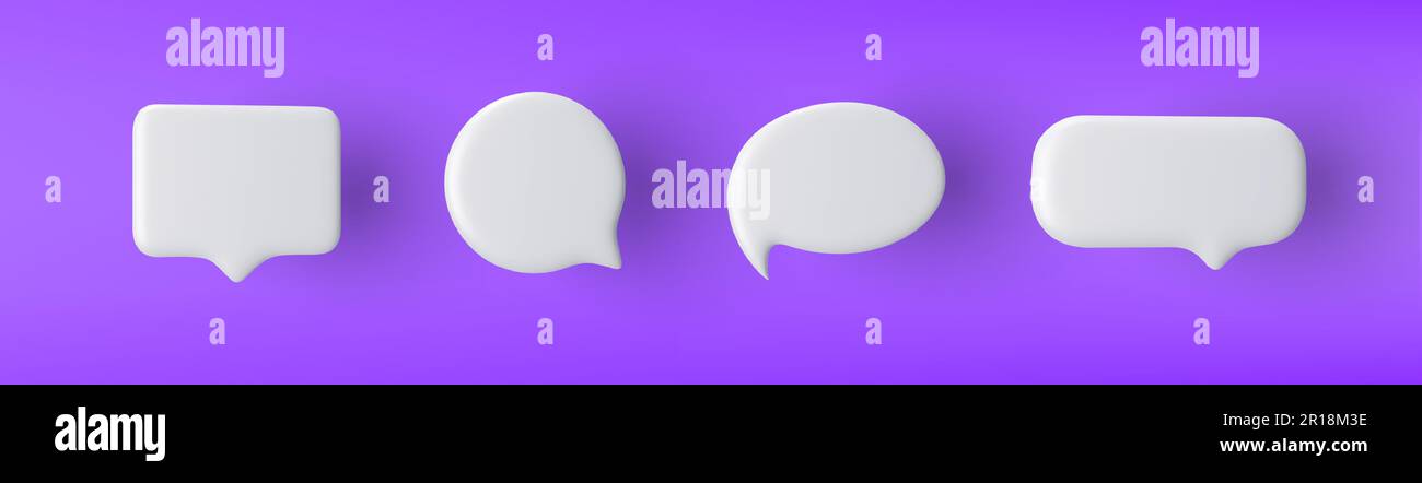 3D white speech bubble icon set on a purple background. Stock Vector