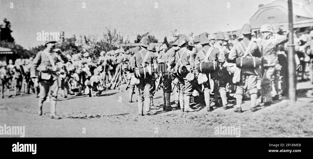 The Boer War, also known as the Second Boer War, The South African War and The Anglo-Boer War. This image shows: At Mooi River Camp: Devons detraining to join General Hildyard. Original photo by “Navy and Army”, c1899. Stock Photo