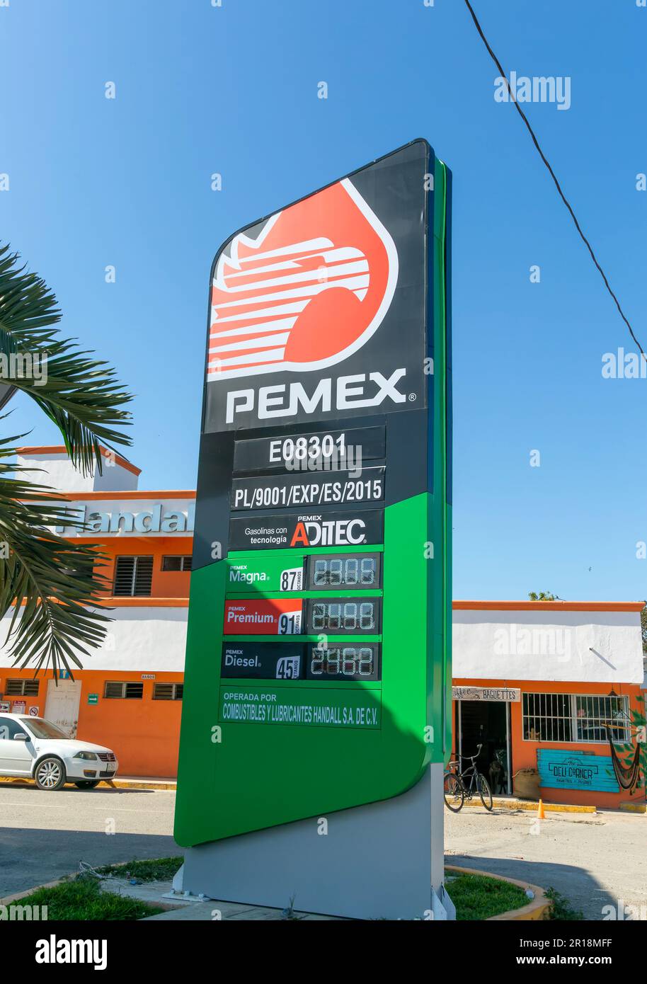 Sign for Pemex petrol gas station with fuel prices, Bacalar, Quintana