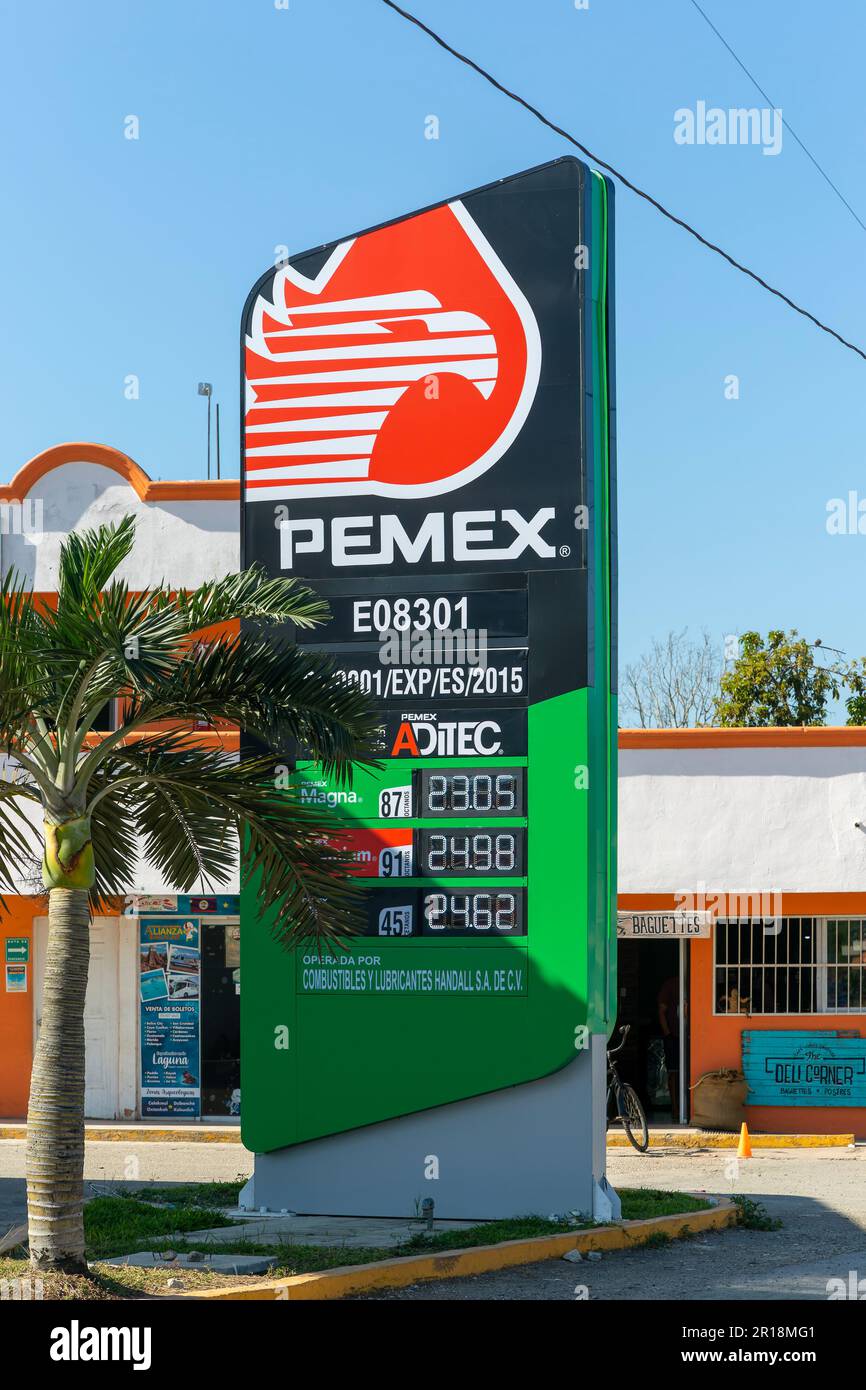 Sign for Pemex petrol gas station with fuel prices, Bacalar, Quintana