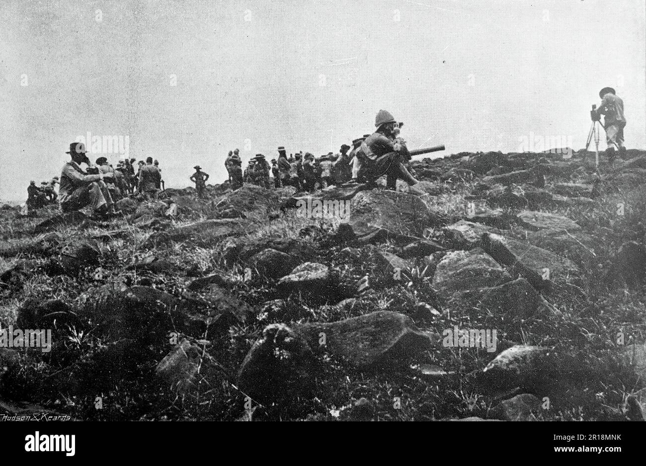 The Boer War, also known as the Second Boer War, The South African War and The Anglo-Boer War. This image shows: Watching a Battle: War correspondents looking on at Colenso. Original photo by “Watkin”, c1899. Stock Photo