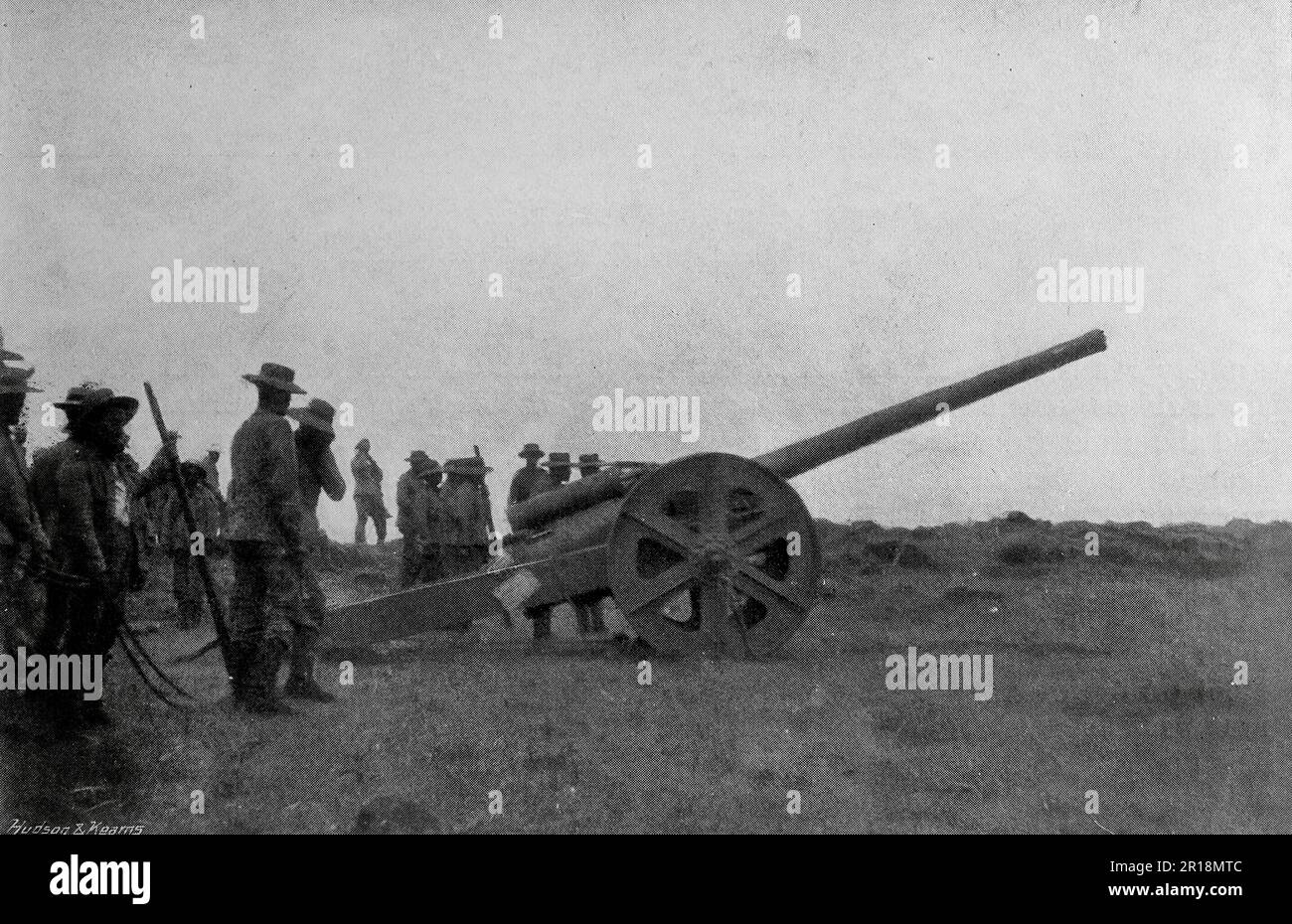 The Boer War, also known as the Second Boer War, The South African War and The Anglo-Boer War. This image shows: In Action at Colenso: A 4.7-inch naval gun firing at 9,000 yards. Original photo by “Navy and Army”, c1899. Stock Photo