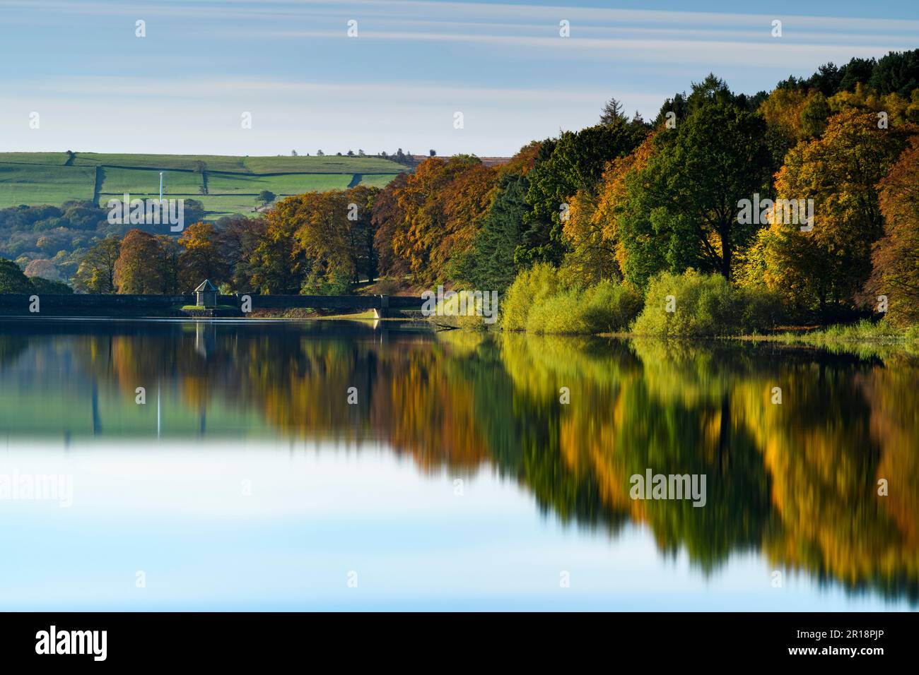 Scenic rural landscape (woodland trees, reflection of colourful foliage & leaves on still calm sunlit lake, blue sky) - Swinsty Reservoir, England UK. Stock Photo