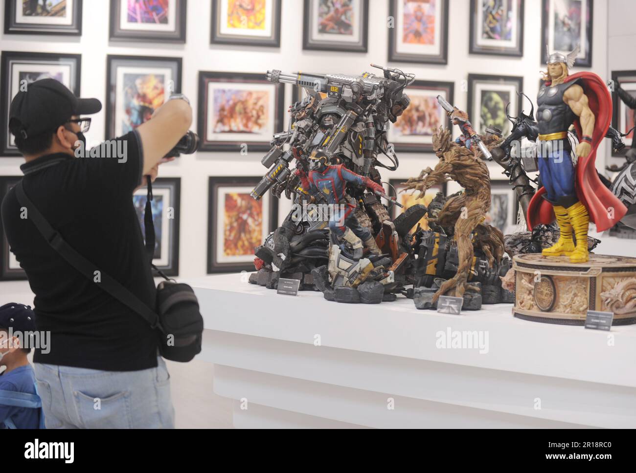 May 12, 2023, Kuningan, Jakarta, Indonesia: Hundreds of action figures from various characters entitled 'Statues 4 Heroes Gallery' were exhibited at Lotte Avenue Mall, Jakarta, on May 12, 2023. The Statues 4 Heroes Gallery statues are not toys or action figures, they are just a collection of works of art that function as decoration and display and are not mass-produced, but in limited quantities making them unique investment items and have a high selling value, the exhibition displays around The 500 statue collection is divided into 5 sections, namely: Game and Animation, DC, Marvel, Horror an Stock Photo