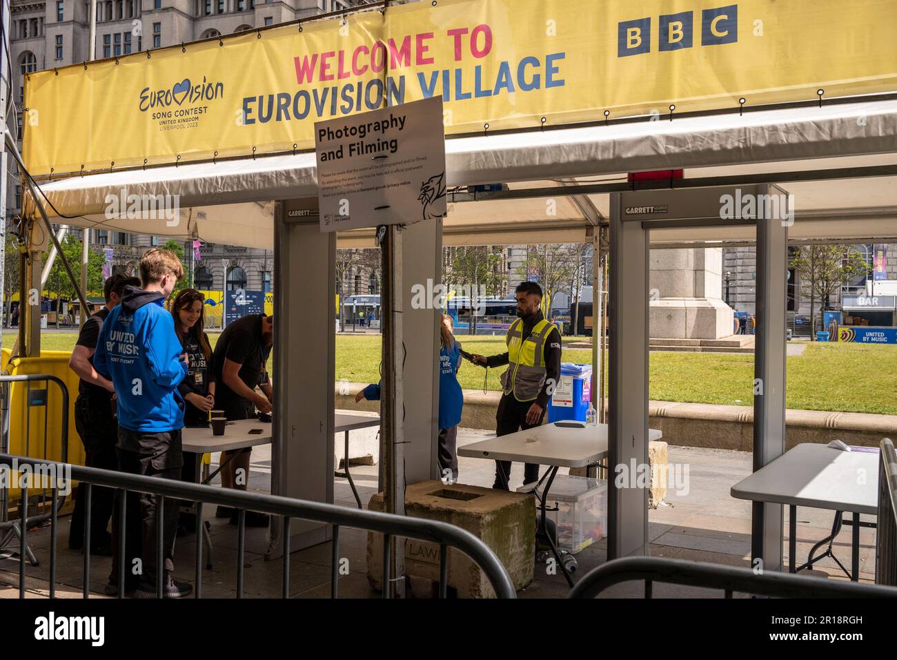Liverpool Uk 12th May 2023. Eurovision Song Contest 2023. Last day before the final, people flock/queue to enter the Eurovision Village at the Pier Head to watch rehearsals on the big screen. Credit: Rena Pearl/Alamy Live News Stock Photo
