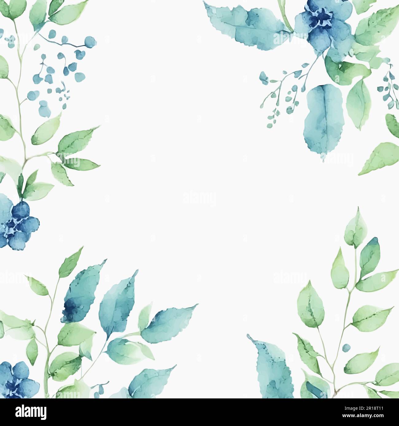 Hand drawn watercolor floral frame. Blue flowers with green leaves on