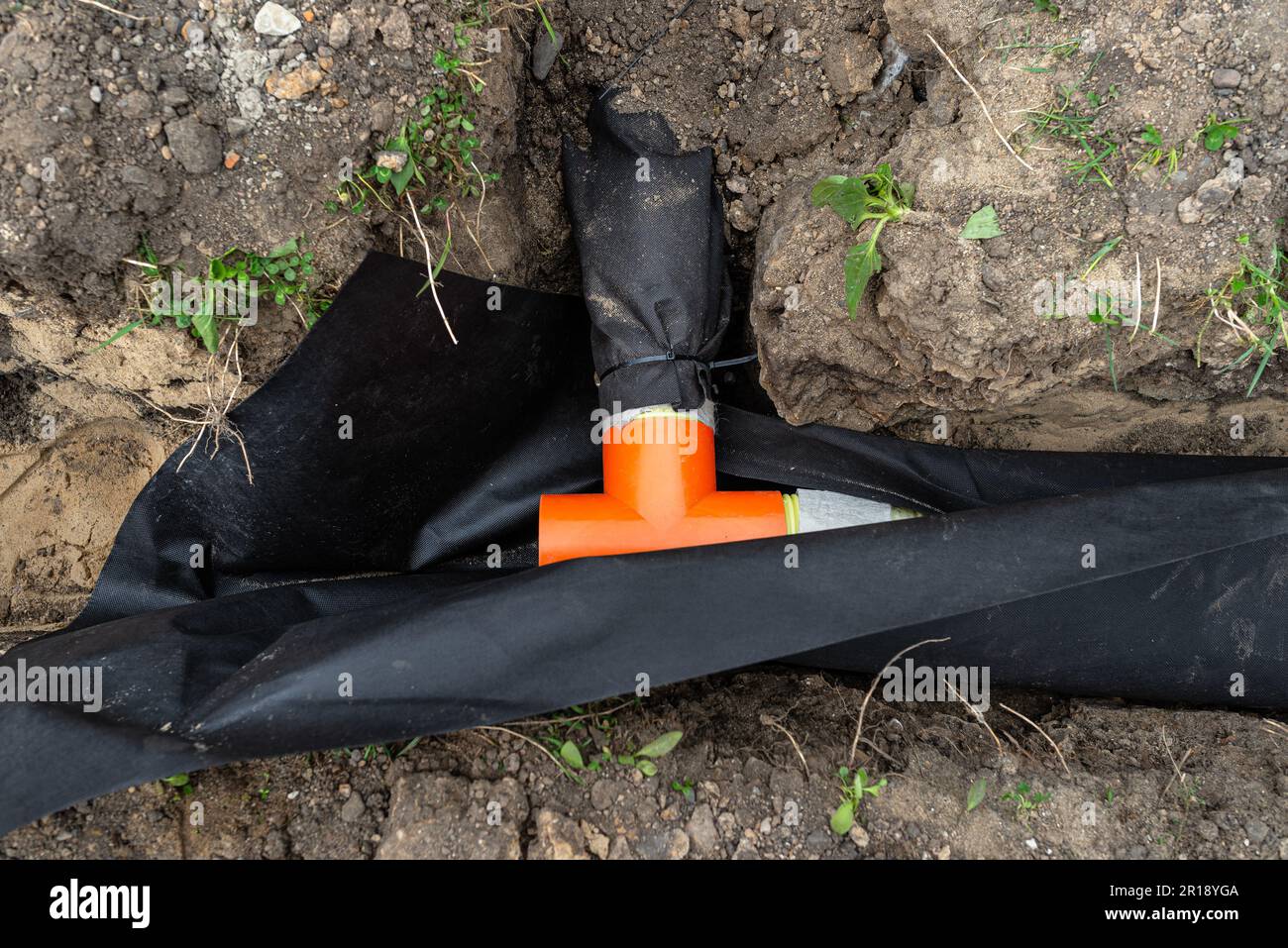 Drainage pipe wrapped in geotextile, inserted into a ditch dug around