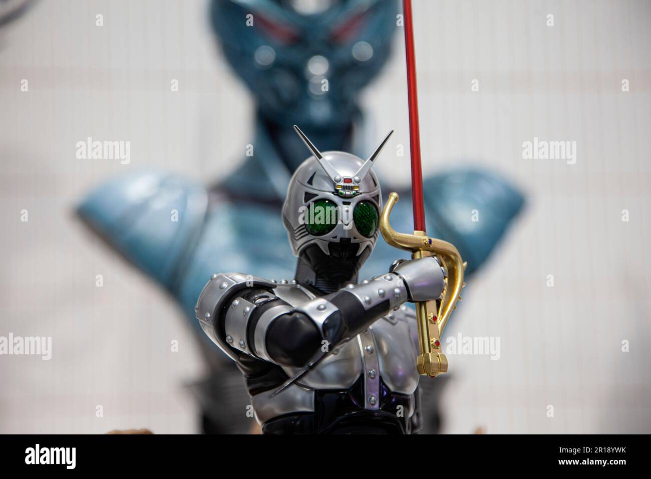 The superhero statues are seen displayed on the opening day of the