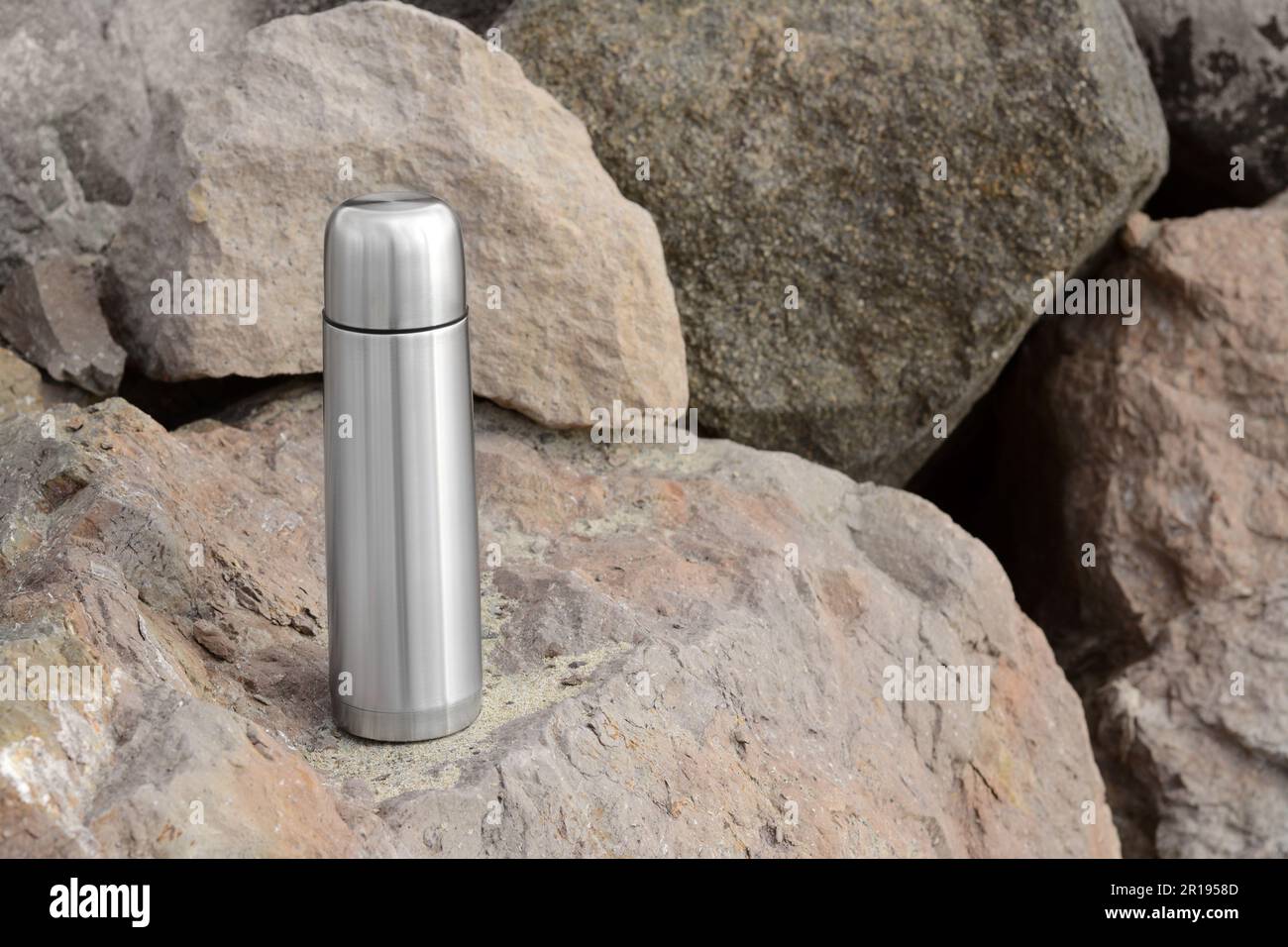 Aluminium Thermos with Hot Drink on Rock Stone Outdoors. Space for Text  Stock Image - Image of drink, space: 211329279