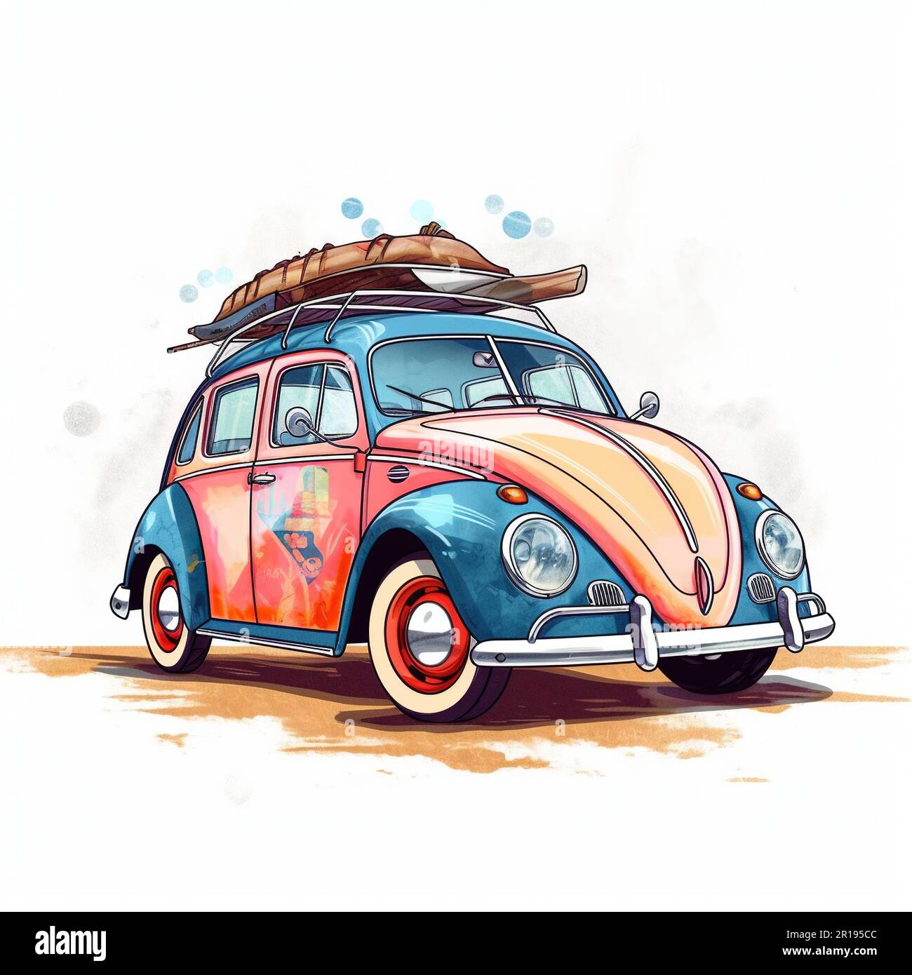 This art print features a watercolor painting of a classic Volkswagen