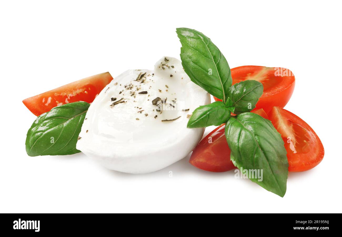 Delicious mozzarella with tomatoes and basil leaves on white background ...