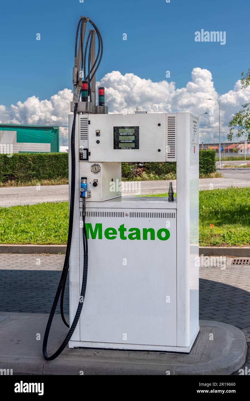 Methane pump with CNG filling nozzles at an Italian gas station, energy