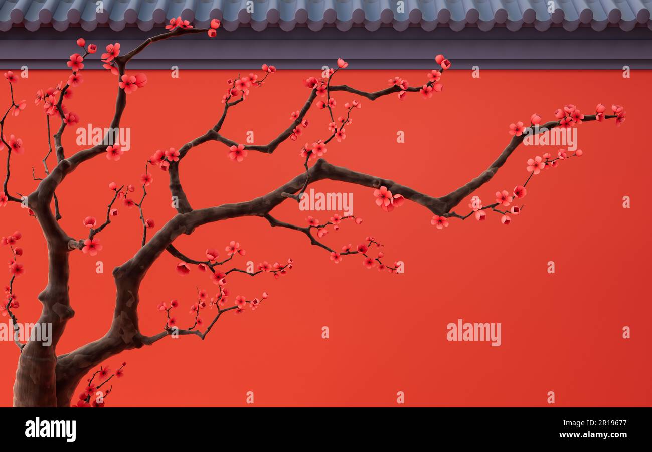 Plum blossom with Chinese ancient wall, 3d rendering. Digital drawing ...
