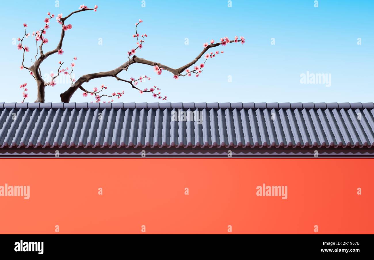 Plum blossom with Chinese ancient wall, 3d rendering. Digital drawing ...