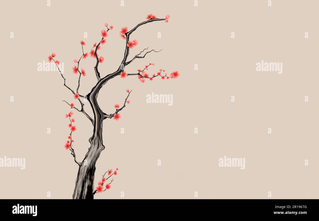 Plum blossom with Chinese ink painting style, 3d rendering. Digital ...