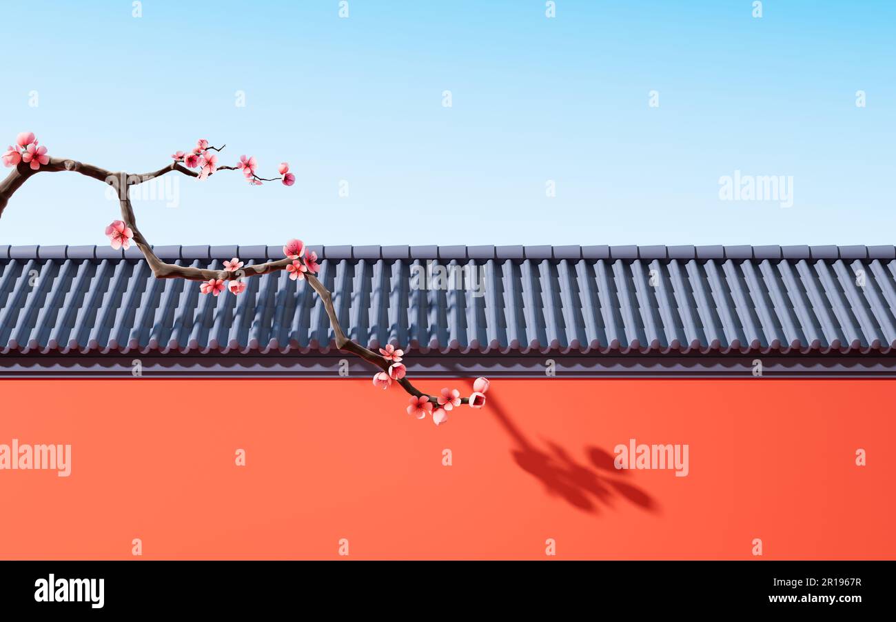 Plum blossom with Chinese ancient wall, 3d rendering. Digital drawing ...
