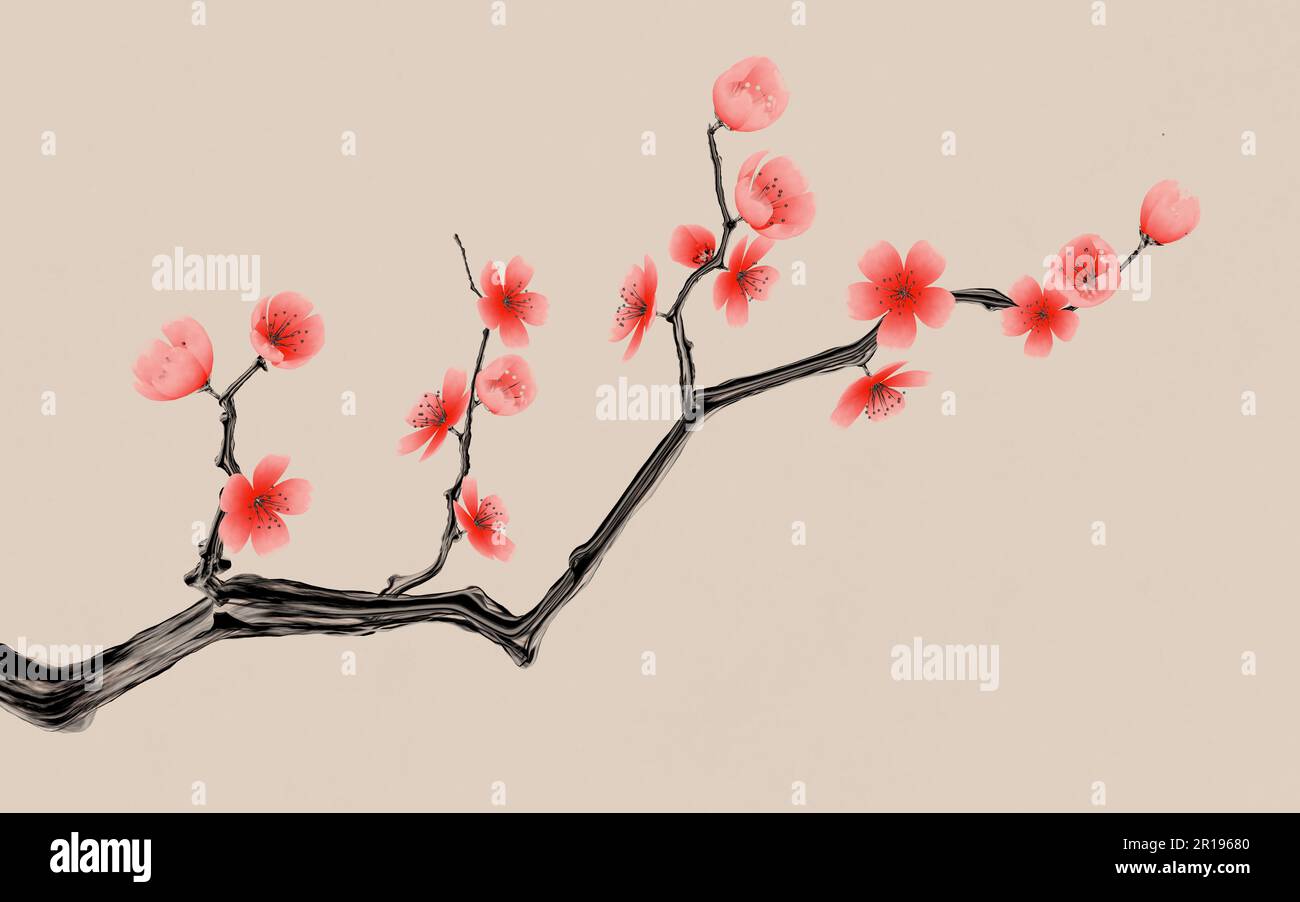 Plum blossom with Chinese ink painting style, 3d rendering. Digital ...