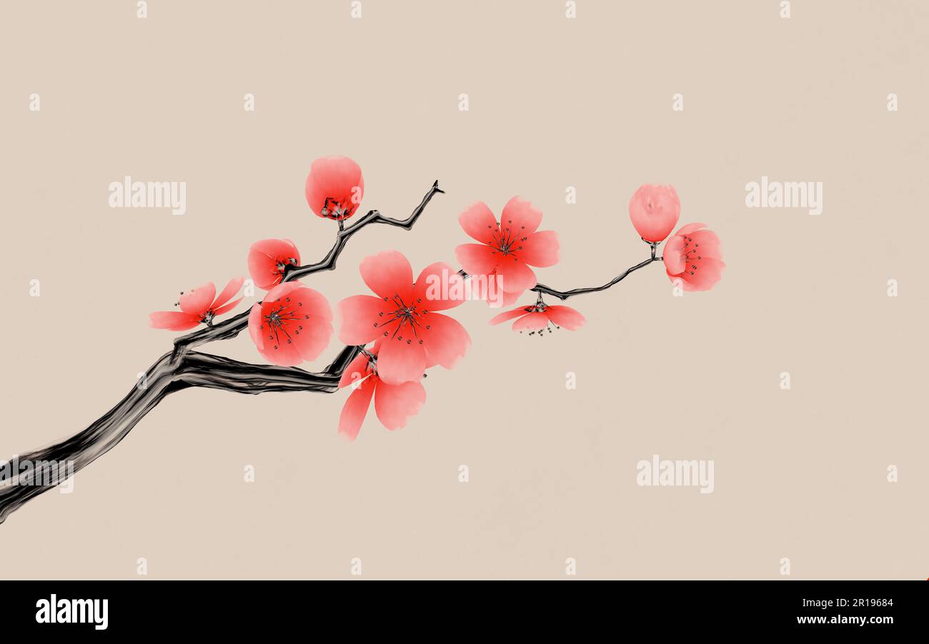 Plum blossom with Chinese ink painting style, 3d rendering. Digital ...