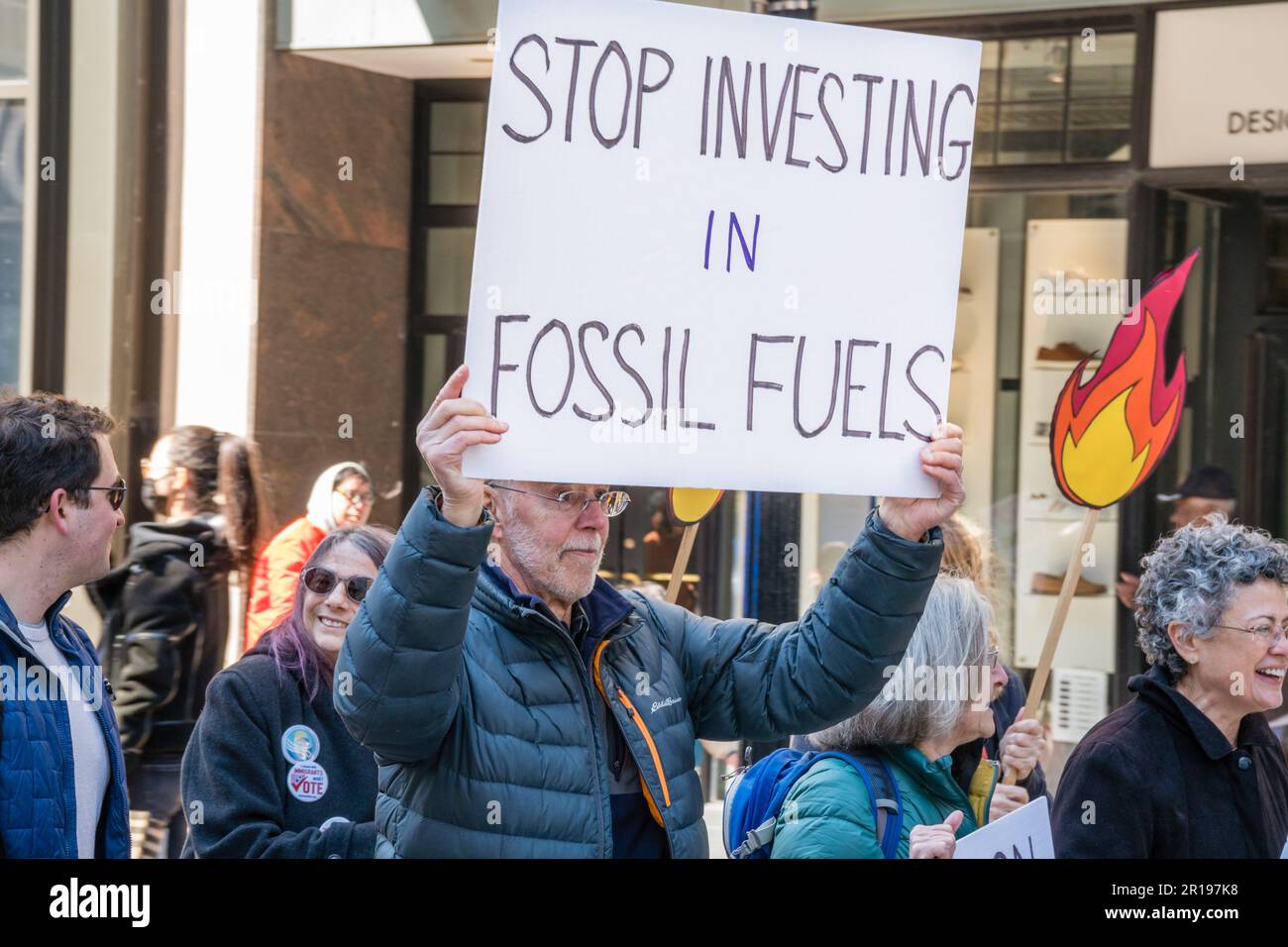 Boston, MA, US-March 21, 2023: Protesters at the National Day of Action to Stop Dirty Banks action sponsored by Bill McKibben's organization Third Act Stock Photo