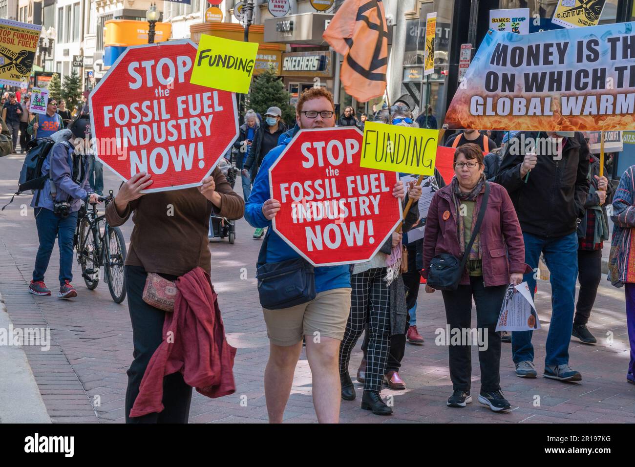 Boston, MA, US-March 21, 2023: Protesters at the National Day of Action to Stop Dirty Banks action sponsored by Bill McKibben's organization Third Act Stock Photo