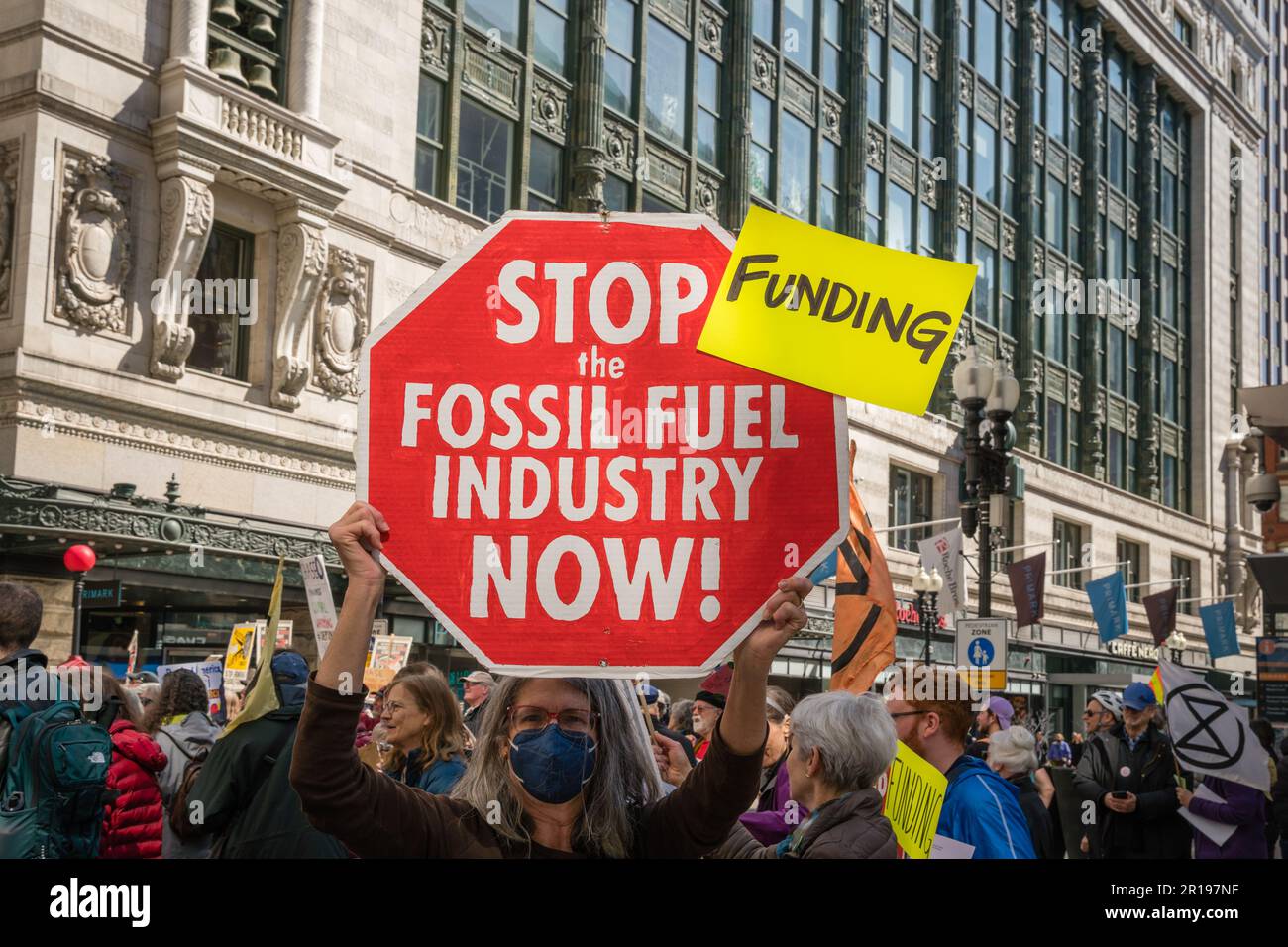 Boston, MA, US-March 21, 2023: Protesters at the National Day of Action to Stop Dirty Banks action sponsored by Bill McKibben's organization Third Act Stock Photo