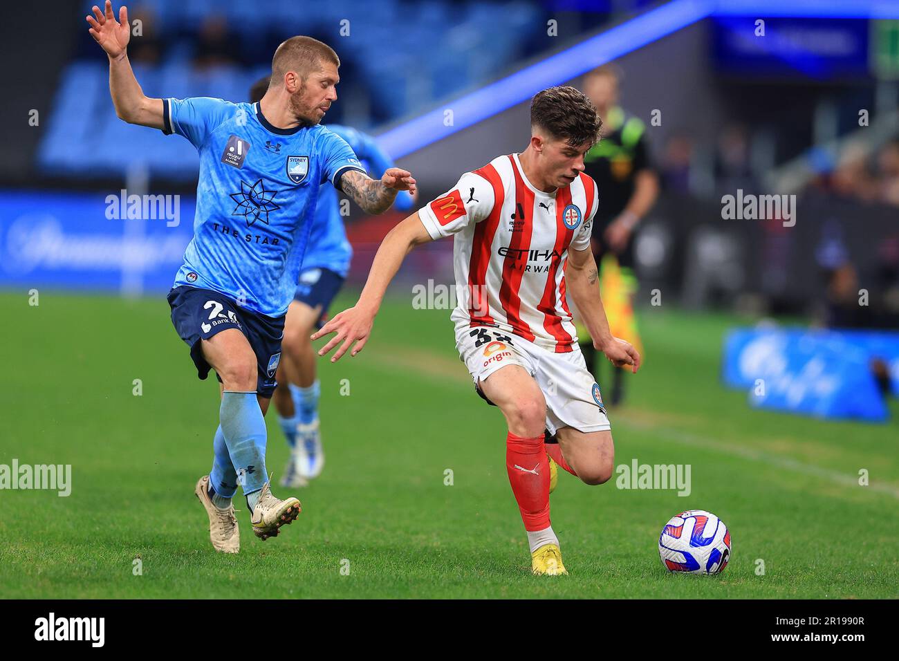12th May 2023; Allianz Stadium, Sydney, NSW, Australia: A-League Football, Finals Series, Sydney FC versus Melbourne City; Jordan Bos of Melbourne City holds off Luke Brattan of Sydney FC Stock Photo