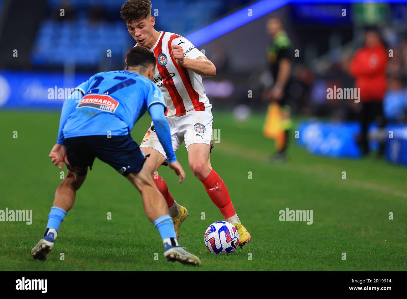 12th May 2023; Allianz Stadium, Sydney, NSW, Australia: A-League Football, Finals Series, Sydney FC versus Melbourne City; Jordan Bos of Melbourne City takes on Anthony Caceres of Sydney FC Stock Photo