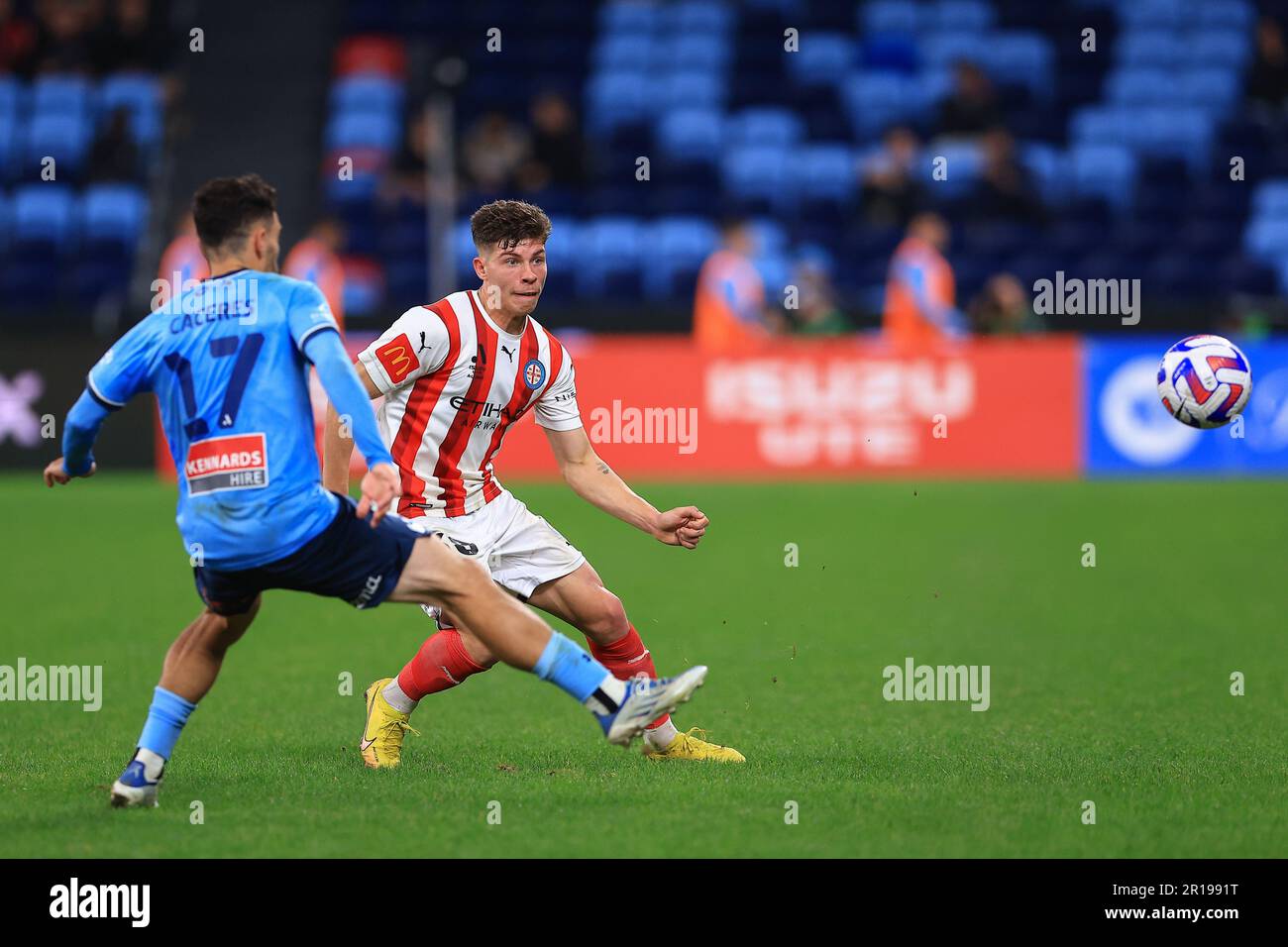 12th May 2023; Allianz Stadium, Sydney, NSW, Australia: A-League Football, Finals Series, Sydney FC versus Melbourne City; Jordan Bos of Melbourne City under pressure from Anthony Caceres of Sydney FC Stock Photo
