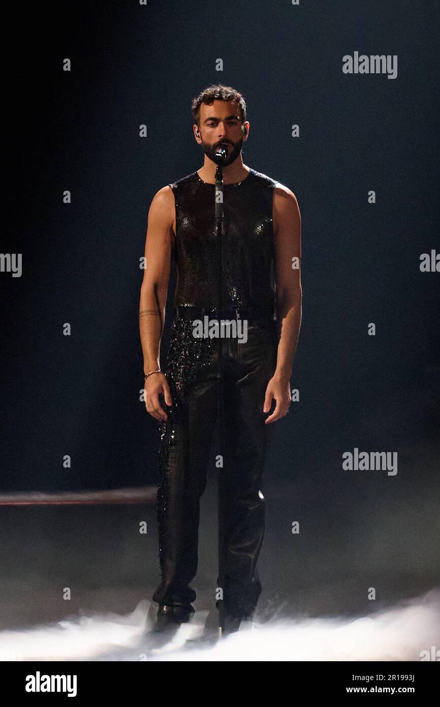 Liverpool, UK . 12 May, 2023 . Marco Mengoni representing Italy pictured performing on stage at the Dress Rehearsal for the Grand Final of the Eurovision Song Contest held at the M&S Bank Arena. Credit:  Alan D West/EMPICS/Alamy Live News Stock Photo