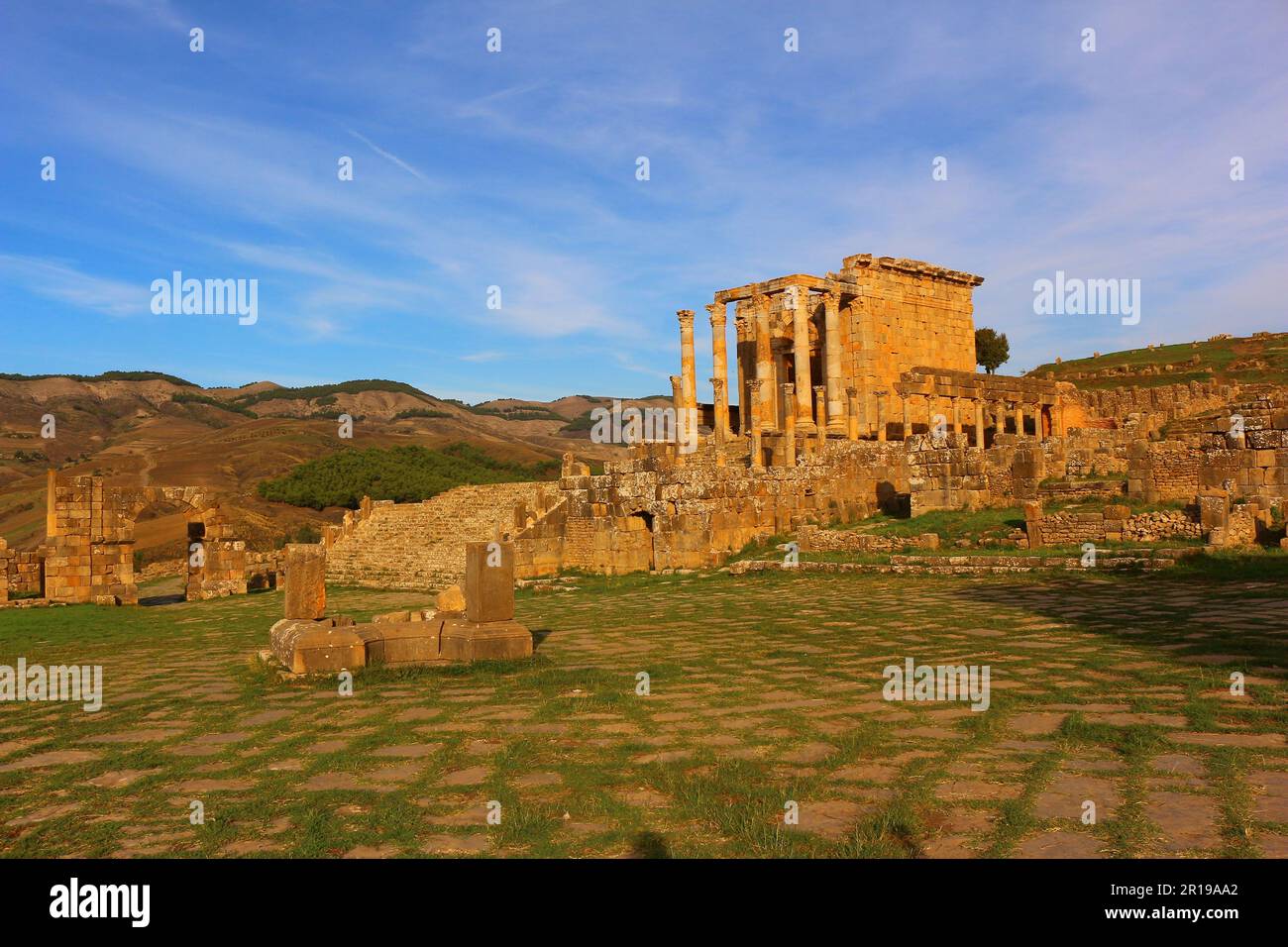 Djemila roman ruins, Algeria. Septimus Severus temple in the evening. Stock Photo