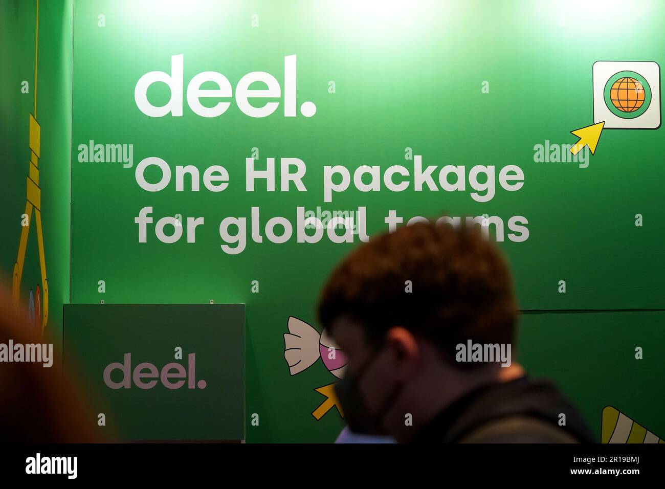 Hamburg, Germany. 10th May, 2023. View of the Deel company logo at its booth at the OMR digital trade show in the exhibition halls. Deel offers hiring and payment services for businesses. Around 70,000 visitors are expected at this year's OMR Festival in Hamburg. It is one of the largest marketing and digital conferences in Europe. Credit: Marcus Brandt/dpa/Alamy Live News Stock Photo