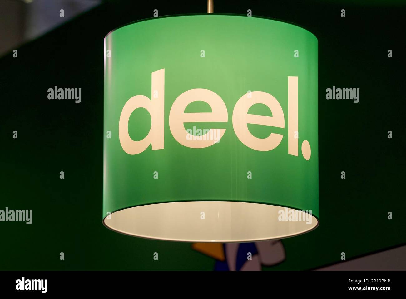 Hamburg, Germany. 10th May, 2023. View of the Deel company logo at its booth at the OMR digital trade show in the exhibition halls. Deel offers hiring and payment services for businesses. Around 70,000 visitors are expected at this year's OMR Festival in Hamburg. It is one of the largest marketing and digital conferences in Europe. Credit: Marcus Brandt/dpa/Alamy Live News Stock Photo