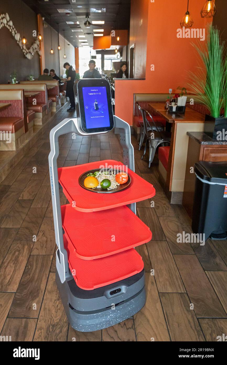 Troy, Michigan - A Richtec Robotics Matradee robot delivers food to diners at Pho-Shi, an Asian fusion restaurant. Stock Photo