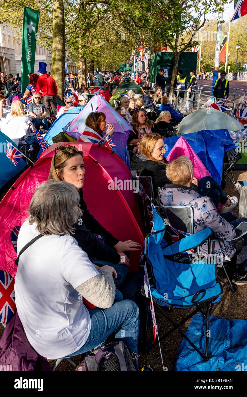 British People Camp Out On The Mall For The Coronation of King Charles III, London, UK. Stock Photo