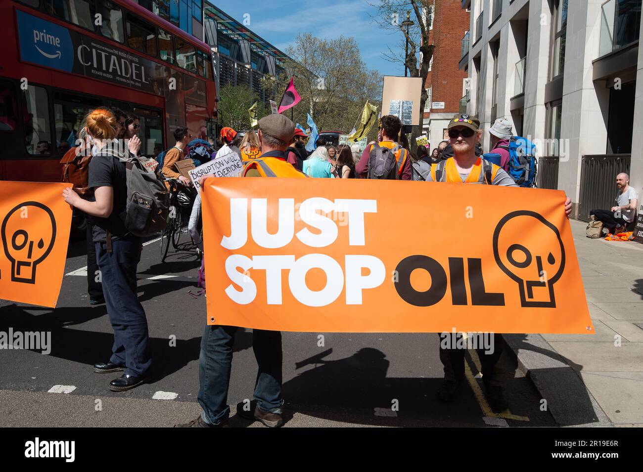 FILE PICS. 12th May 2023. London, UK. 13 Just Stop Oil activists were reportedly arrested outside Downing Street on Thursday 11th May 2023. A new law in England and Wales has been enacted meaning a prison sentence of 12 months for protesters who block roads and a six month prison sentence or unlimited fine for anyone who locks on to others, objects or buildings. London, UK. 29th April, 2023. A Just Stop Oil protest in London on 29th April 2023 against the imprisonment of two Just Stop Oil protesters Marcus Decker and Morgan Trowland. Credit: Maureen McLean/Alamy Stock Photo