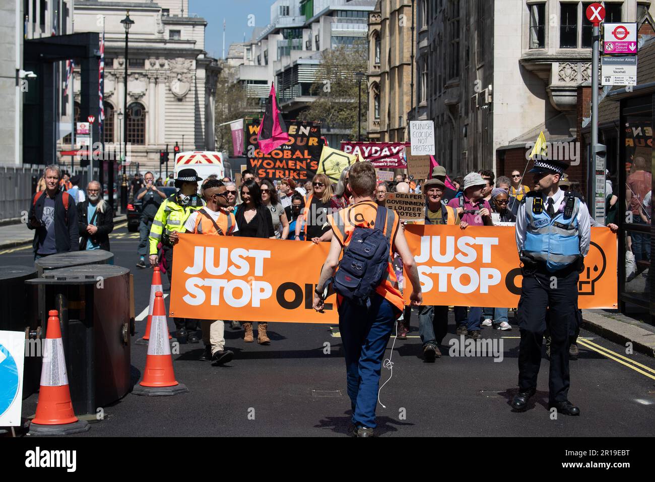 FILE PICS. 12th May 2023. London, UK. 13 Just Stop Oil activists were reportedly arrested outside Downing Street on Thursday 11th May 2023. A new law in England and Wales has been enacted meaning a prison sentence of 12 months for protesters who block roads and a six month prison sentence or unlimited fine for anyone who locks on to others, objects or buildings. London, UK. 29th April, 2023. A Just Stop Oil protest in London on 29th April 2023 against the imprisonment of two Just Stop Oil protesters Marcus Decker and Morgan Trowland. Credit: Maureen McLean/Alamy Stock Photo