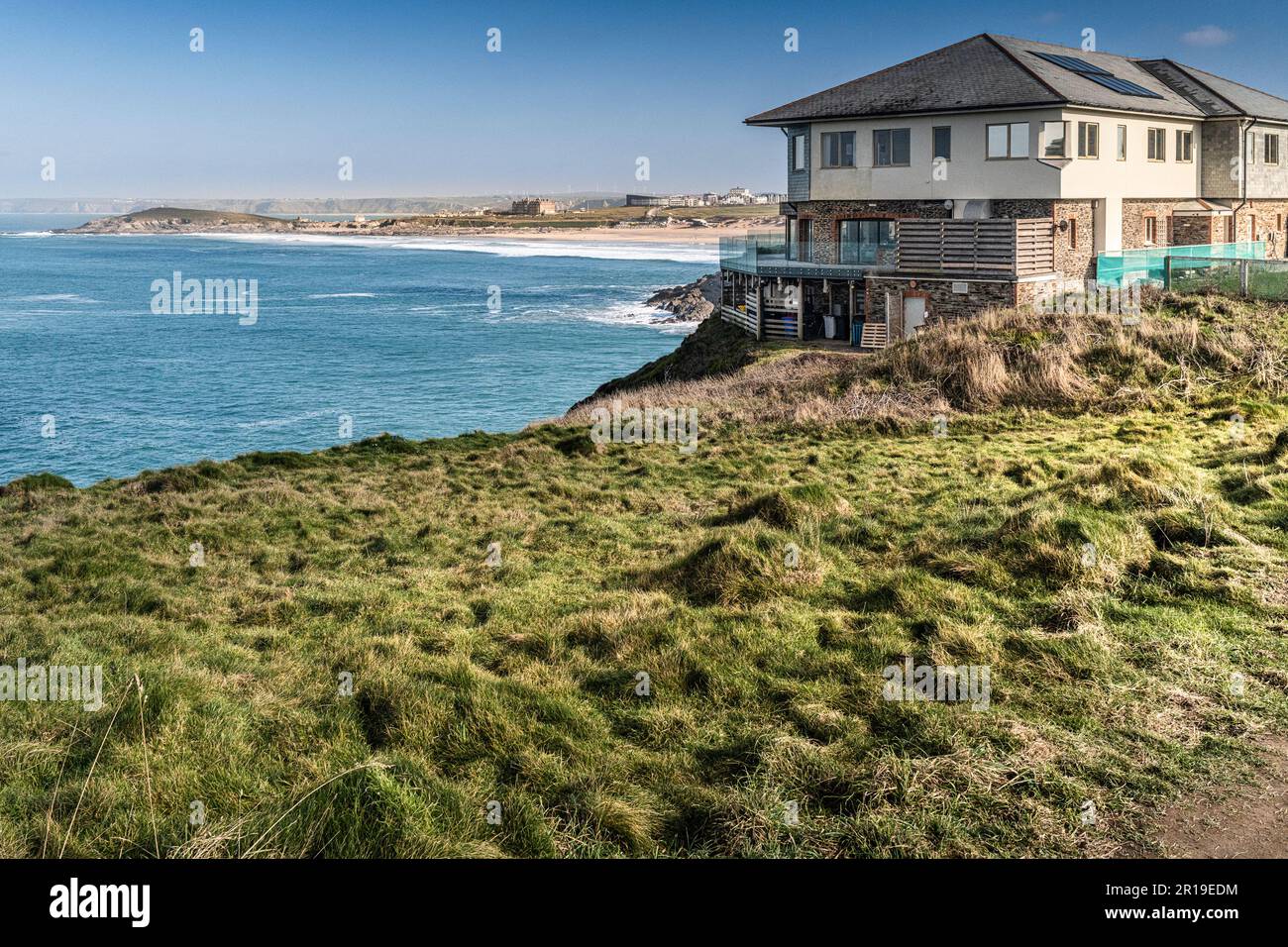 The Lewinnick Lodge restaurant and hotel overlooking Fistral Bay on the coast of Newquay in Cornwall in England in the UK. Stock Photo