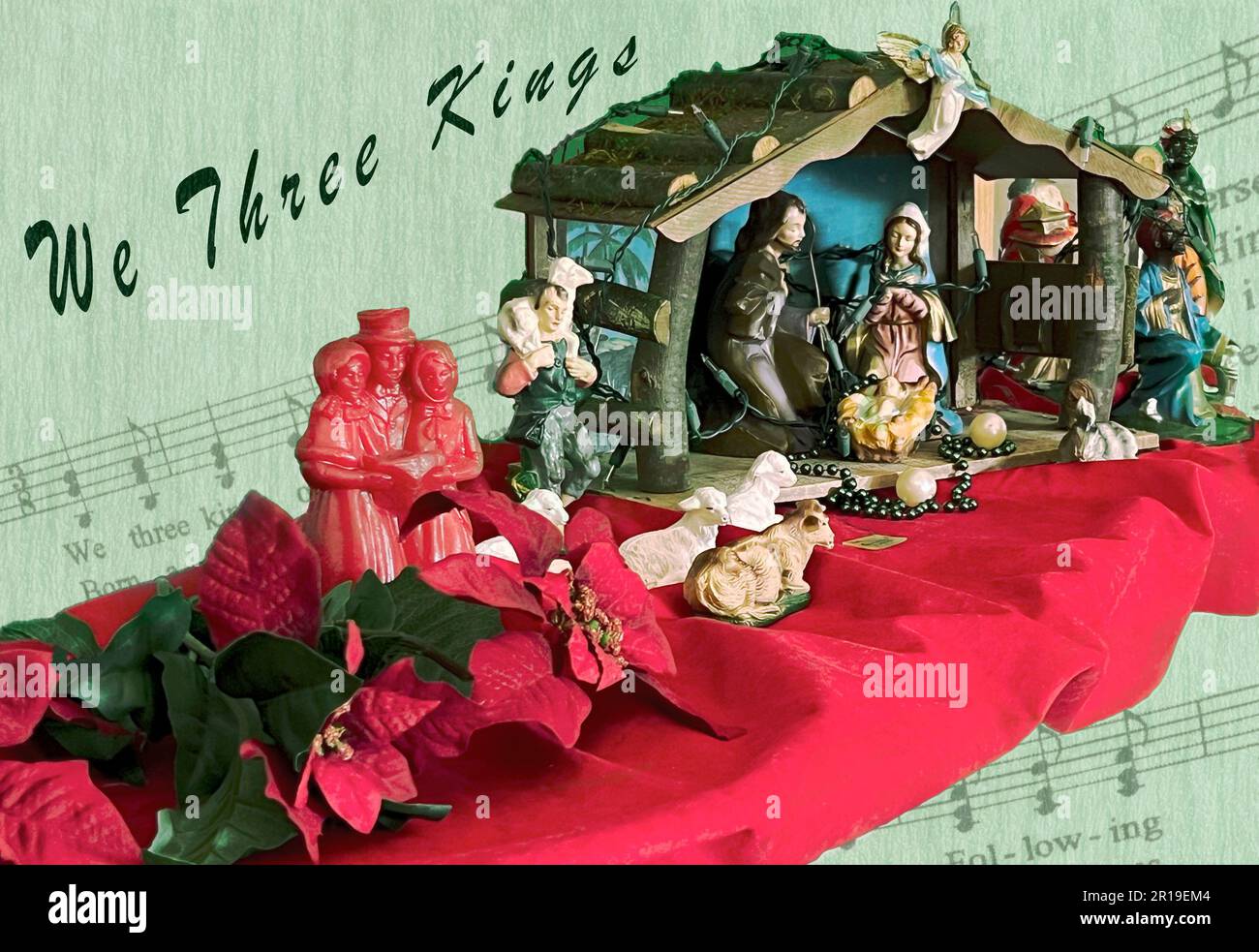 We Three Kings Christmas creche with music and figures on red display