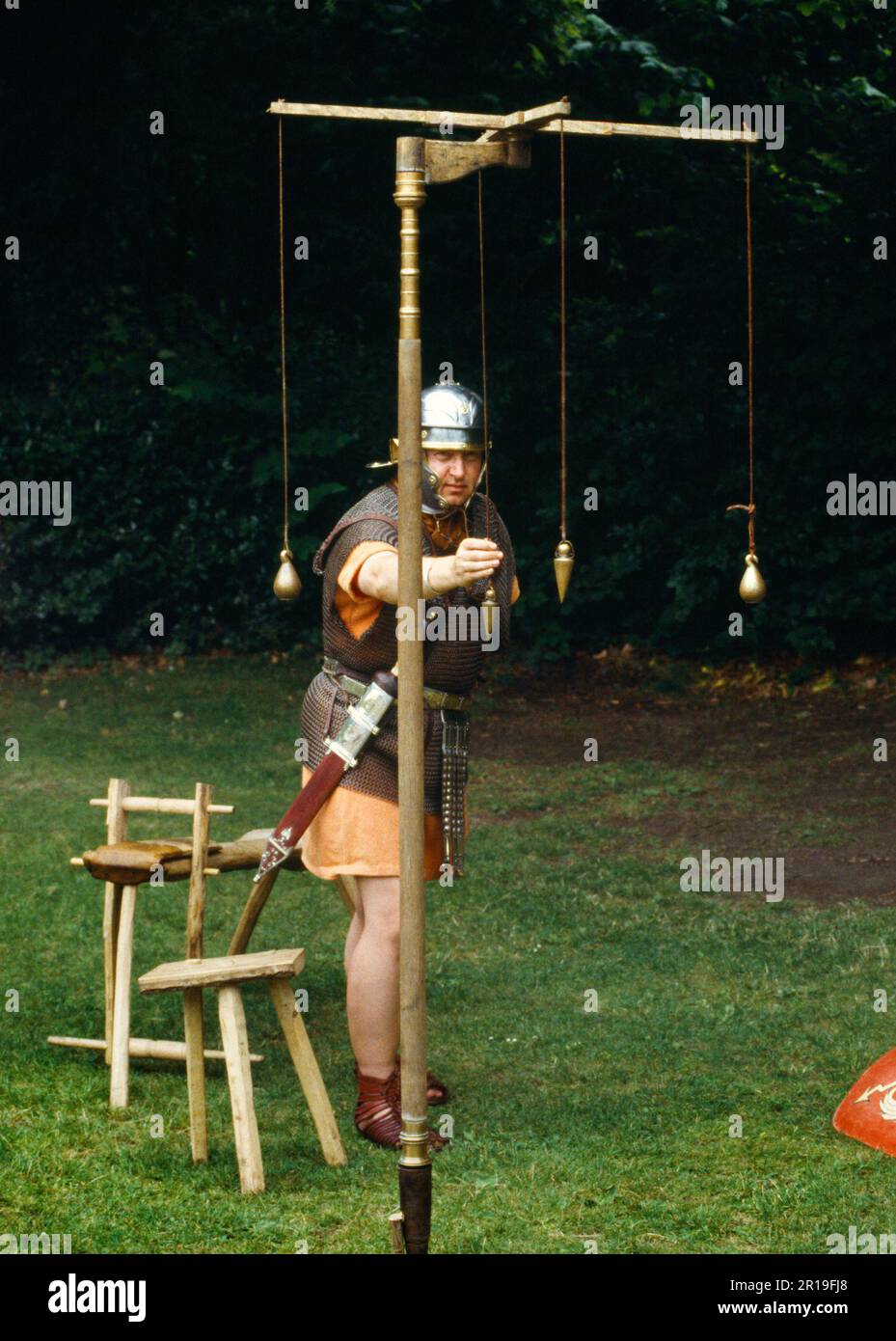A Roman line-of-sight surveying instrument (groma) at a display by The Ermine Street Guard at Loggerheads Country Park, Denbighshire, Wales, UK. Stock Photo