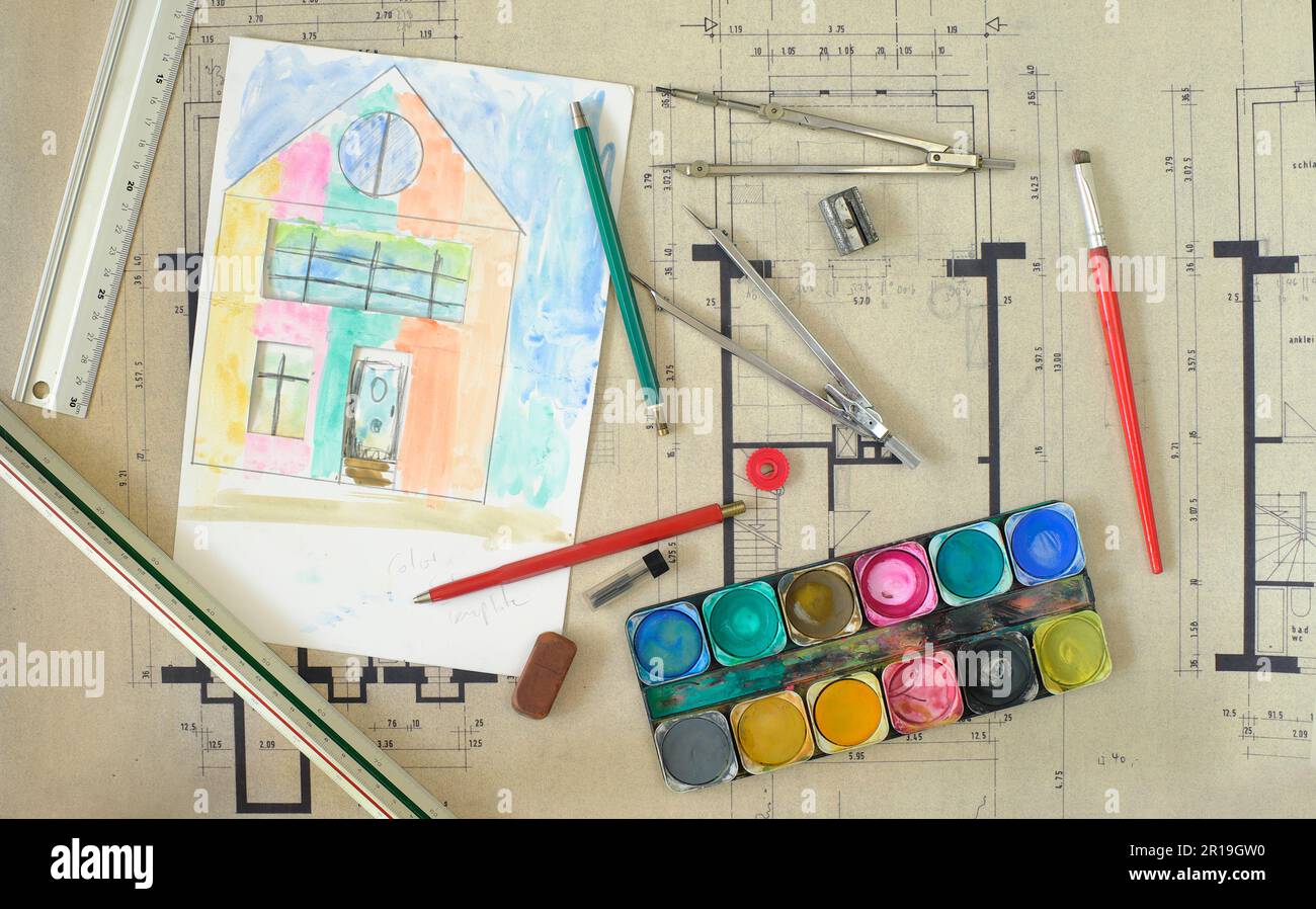 Construction and architecture concept. Residential building drawings and color scheme, flat lay, free copy space. Fictional drawing and painting. Stock Photo