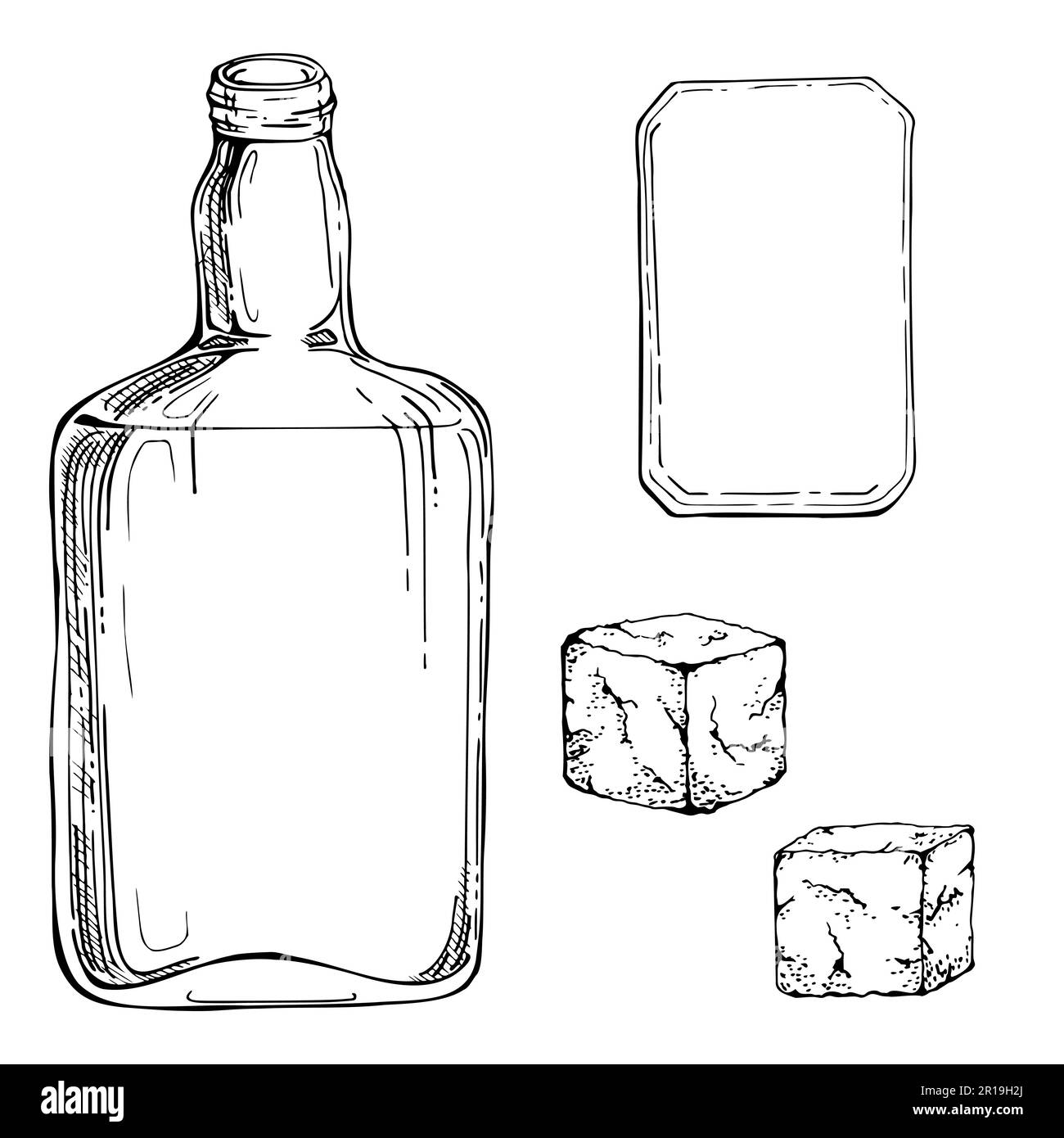 Ink hand drawn vector sketch of isolated object. Scotch whisky whiskey glass square bottle with label and rocks. Scottish symbol drink Design for Stock Vector